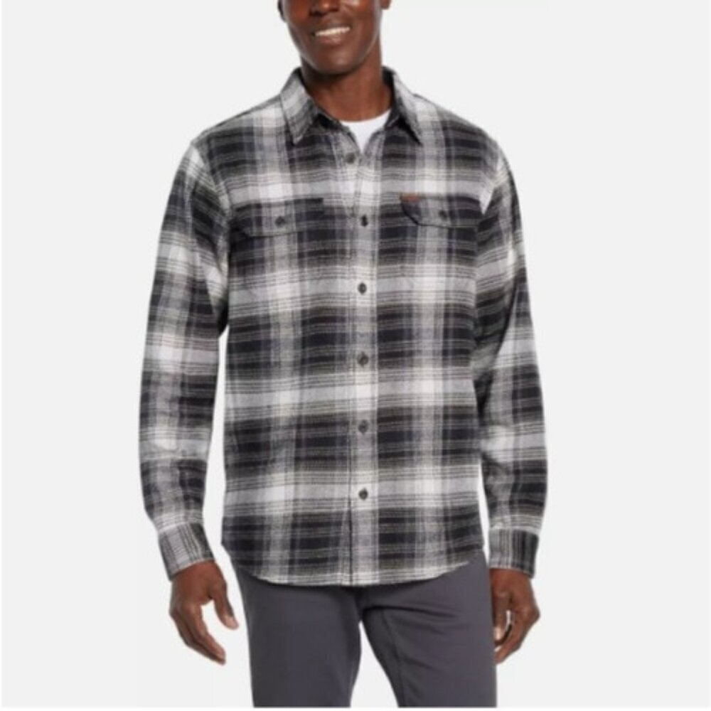 Orvis Mens L Black & White Plaid Button-Up Flannel Shirt Long Sleeve
